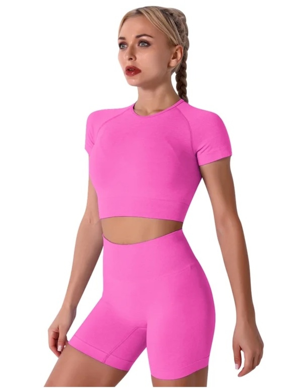 Amazon Pink Short Sleeve Crop Top - Seamless Active Fit